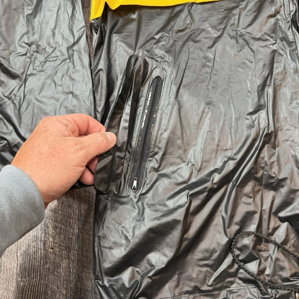 Fossil Authentic PVC Hooded Rain Jacket Black Yellow Stripe Full Zip Mens Medium